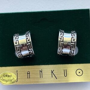 Clip-on Earrings, Silver Tone Metal, Silver, Clip-on, Greek Key New with Tags